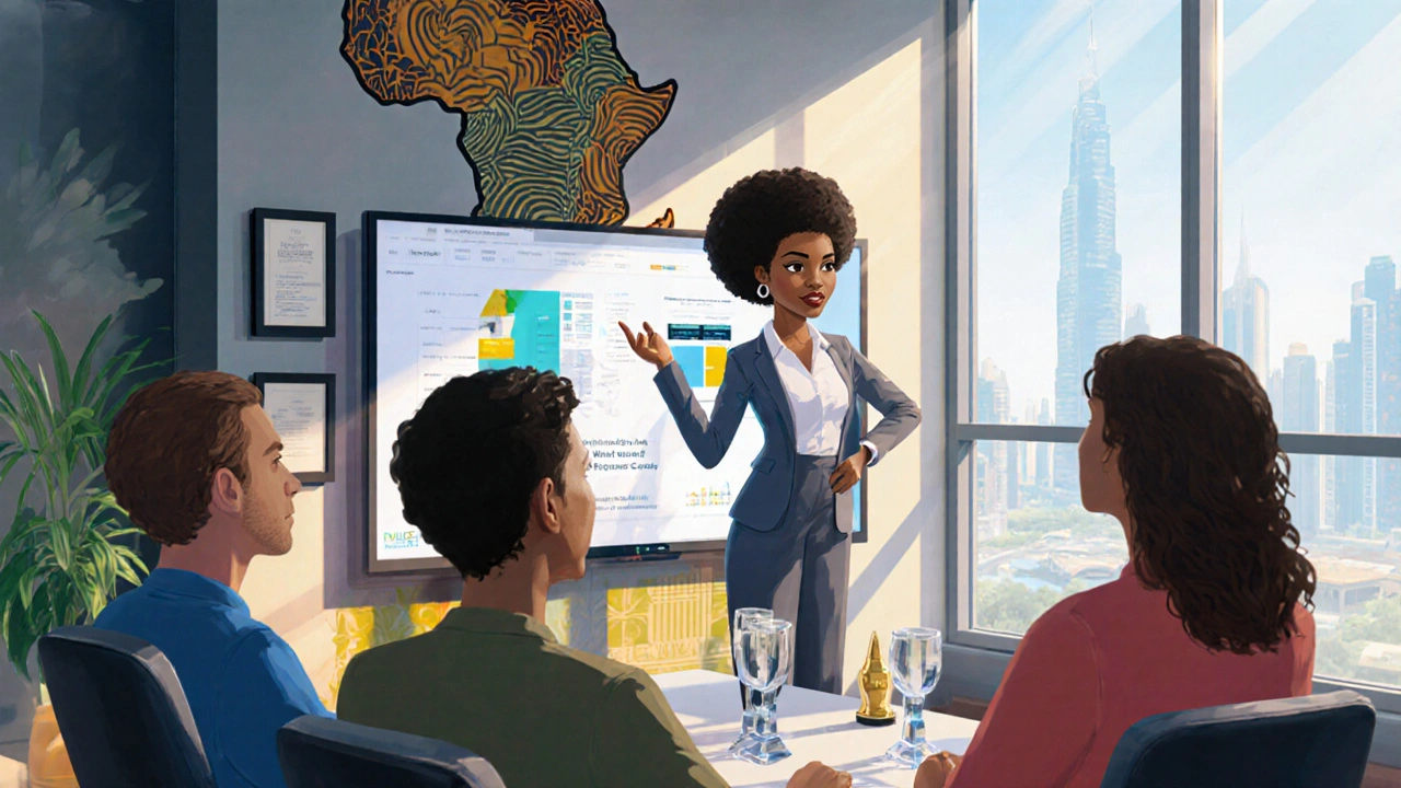 A Black female entrepreneur presenting a fintech app to a diverse team in a modern Dubai office.
