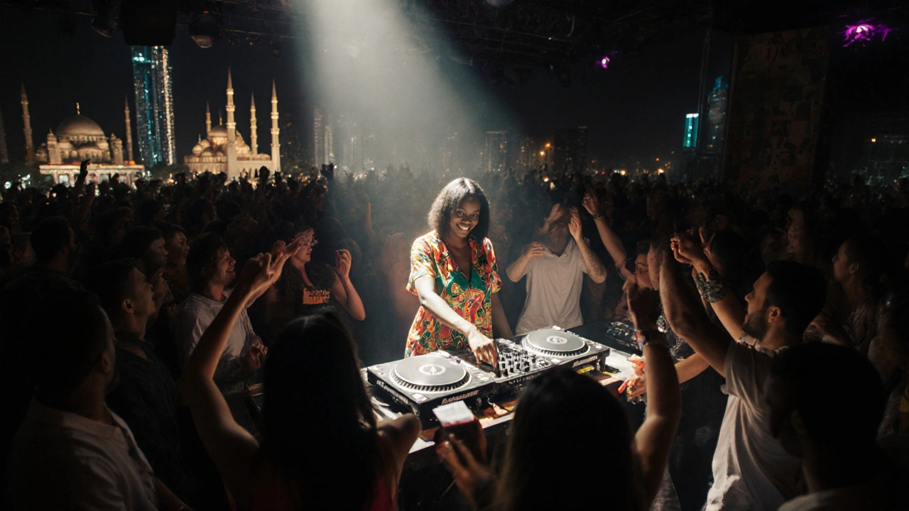 A Black woman DJing Afrobeat to a lively crowd in a Dubai nightclub under a spotlight.