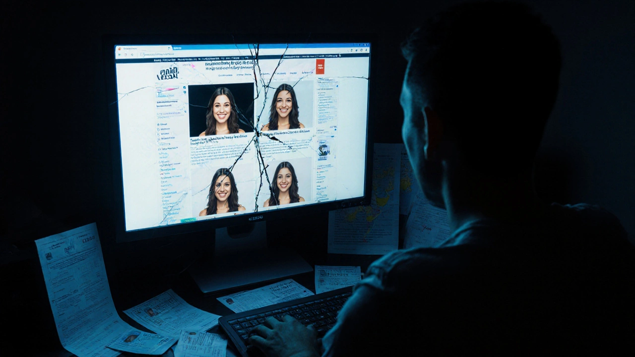 A computer screen displays multiple fake escort websites with stock photos and receipts scattered around.