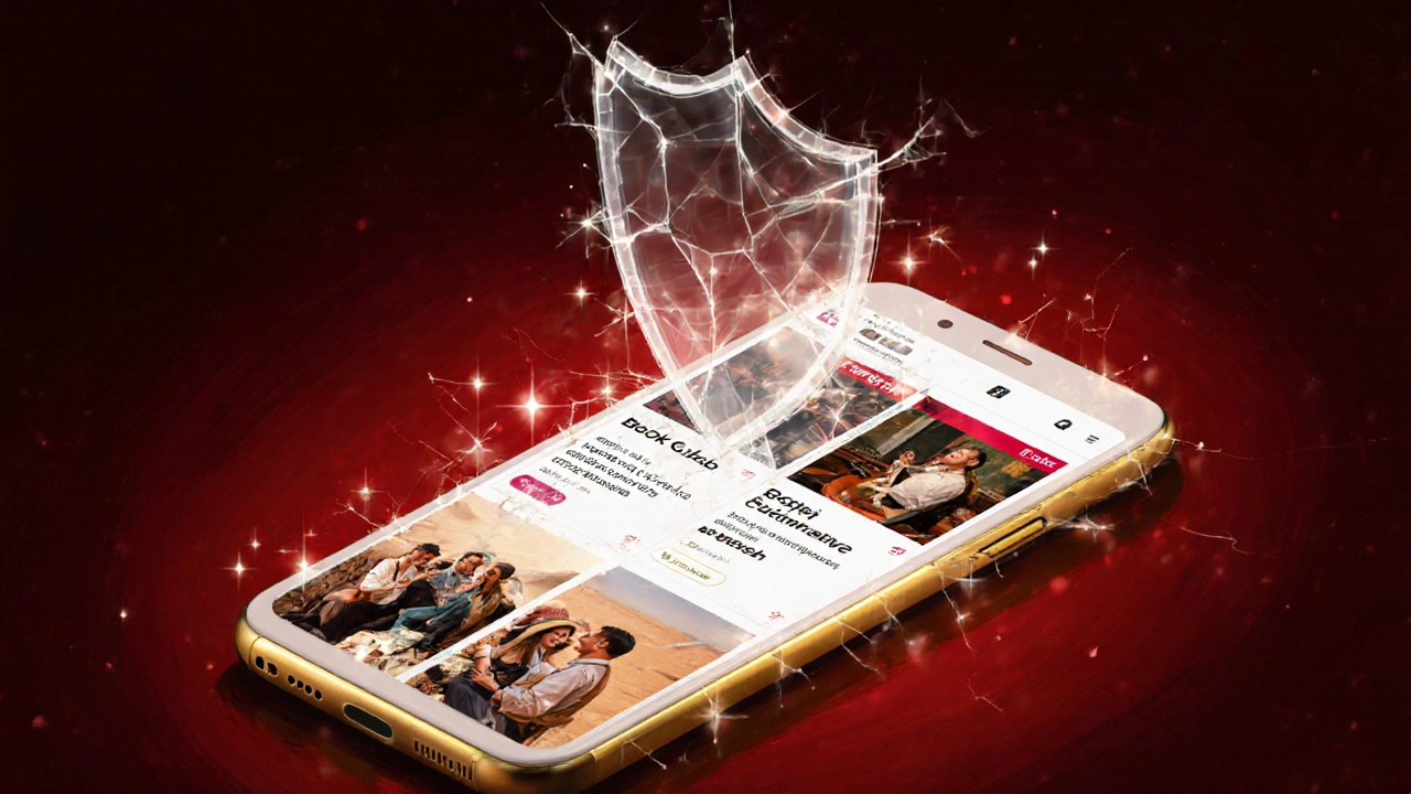 A cracked digital shield over fake escort ads, with safe social alternatives growing beneath.