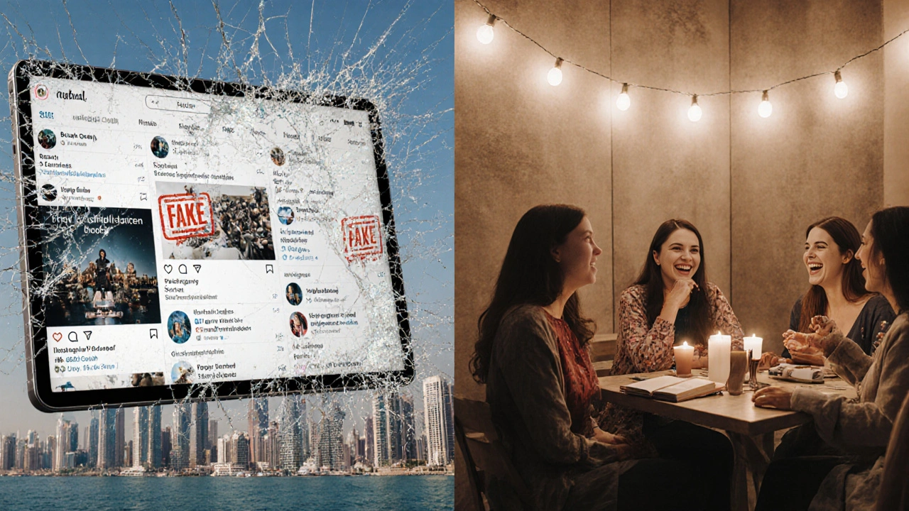 A cracked screen of fake online ads dissolving above Dubai Marina, while real women connect at a book club in the foreground.
