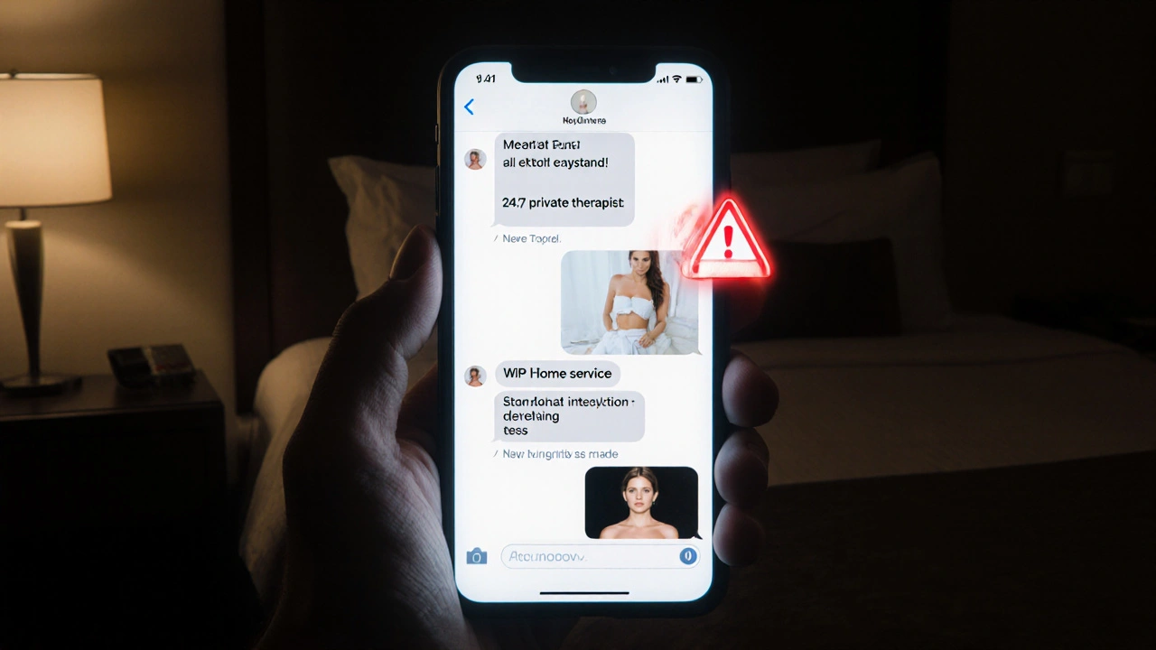 A dark smartphone screen showing suspicious massage service messages with a warning symbol,暗示 illegal activity.