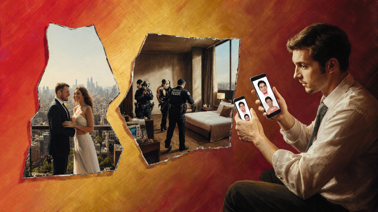 A fractured mirror showing three outcomes: romance, police raid, and online deception.