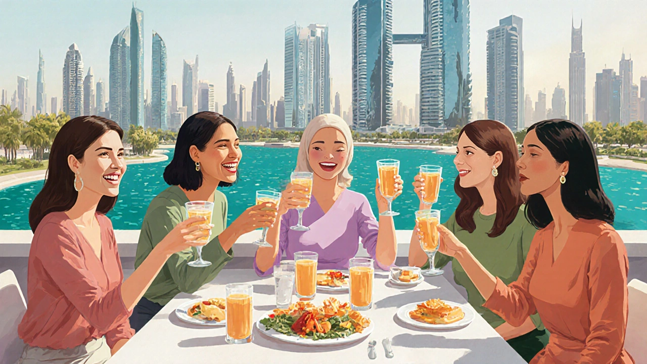A group of women laugh together at a rooftop brunch in JLT, modern skyline in the background.