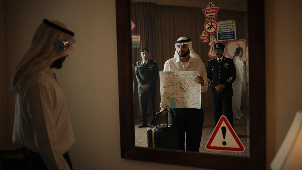 A man in a hotel room sees ghostly police figures in the mirror, surrounded by maps of Doha&#039;s legal attractions.