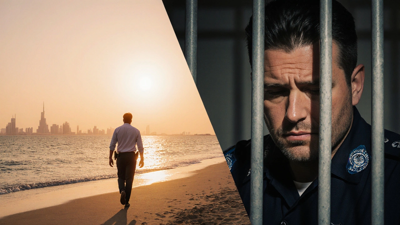 A man walking peacefully on Dubai&#039;s beach at sunset, contrasted with him in a police cell, representing legal consequences.