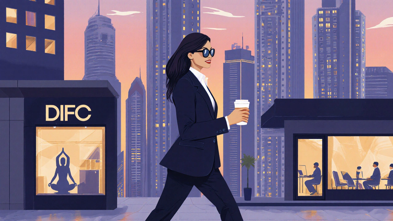 A professional woman walking through Dubai’s DIFC district at dusk, exuding quiet confidence and independence.