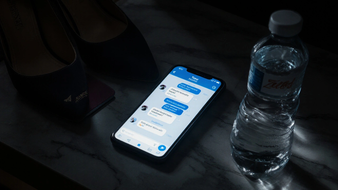 A smartphone showing encrypted chat messages in a dark hotel room with personal items nearby.