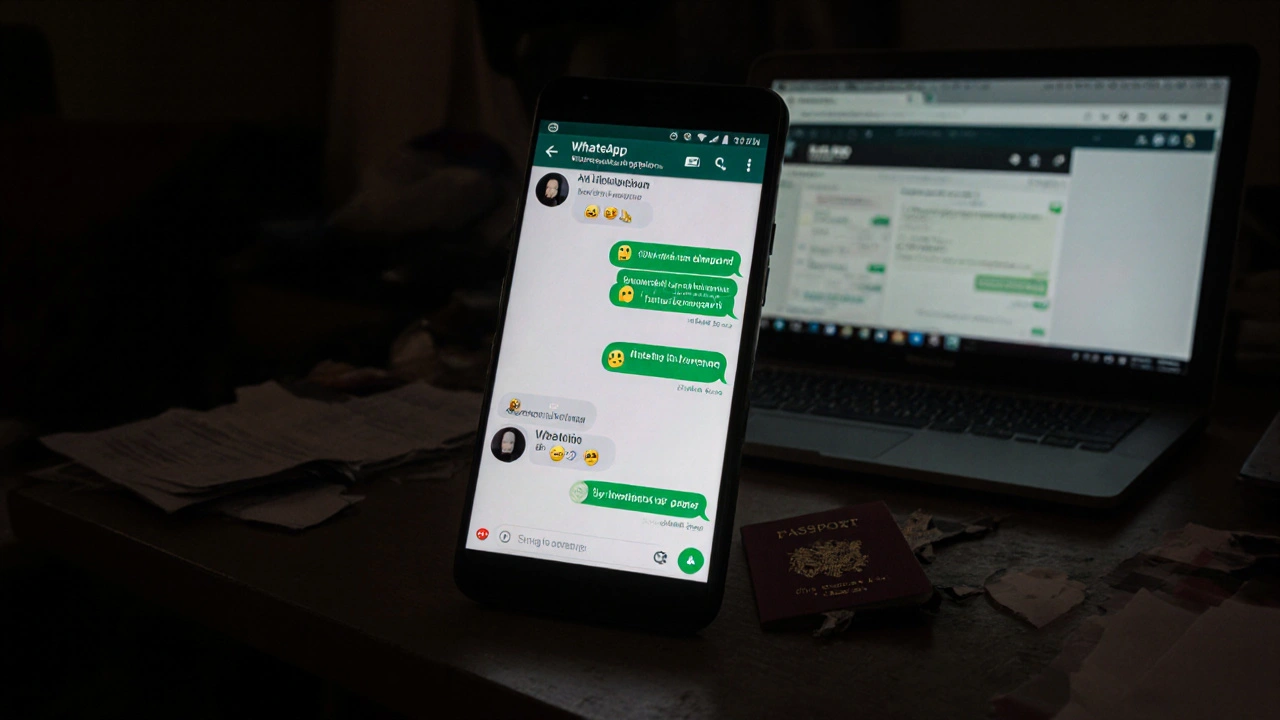 A smartphone shows encrypted messages and a blurred profile, in a dimly lit apartment.