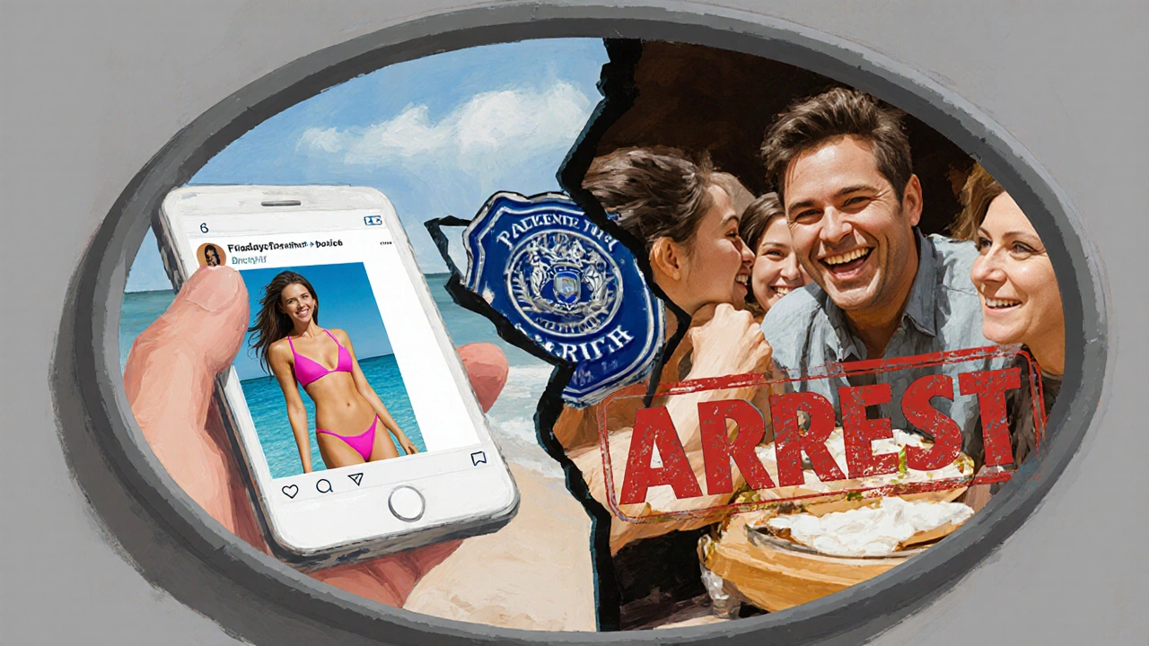 A split image contrasting a scam message with a genuine social gathering in Dubai.