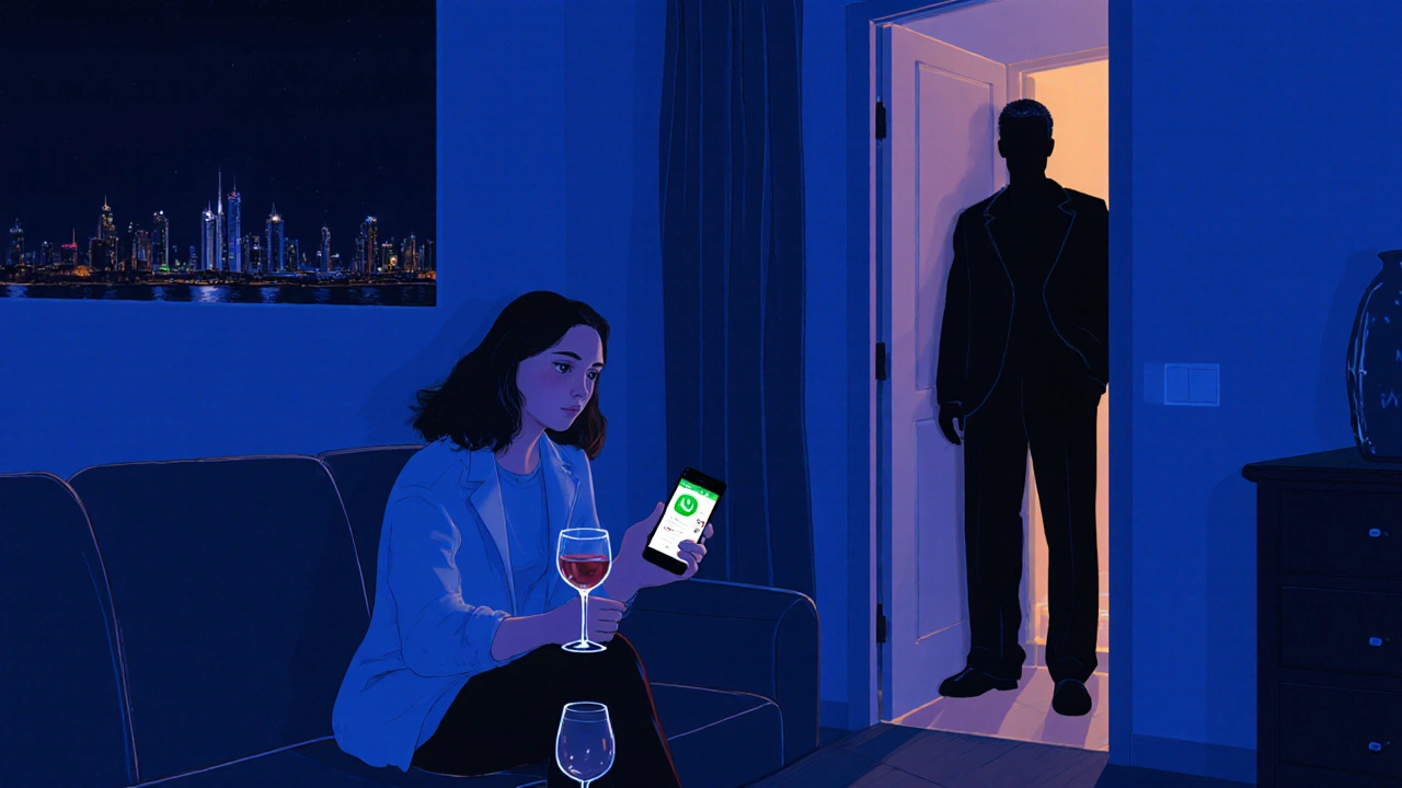 A woman in a Dubai Marina apartment, phone lit with messages, shadow of a man at the door.