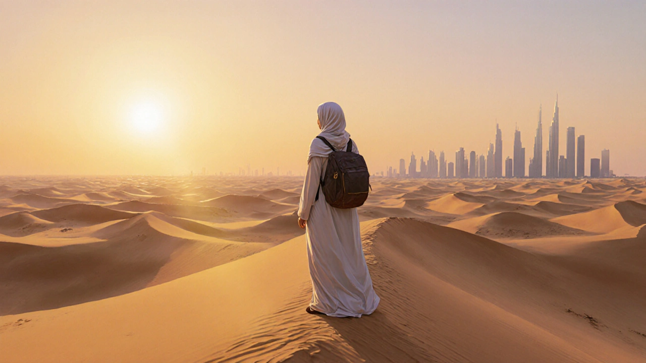 A woman stands on a desert dune at sunrise, gazing at the horizon with calm determination.