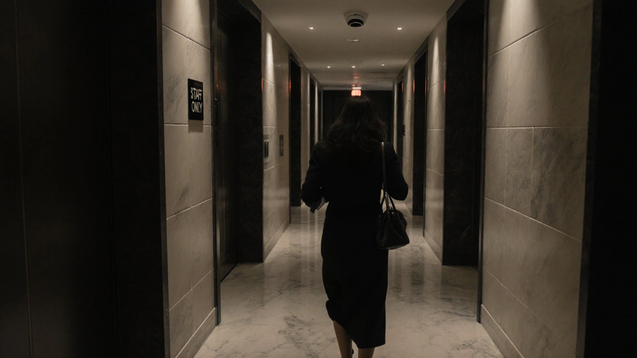 A woman walking quickly through a luxury apartment corridor, avoiding eye contact under a security camera.