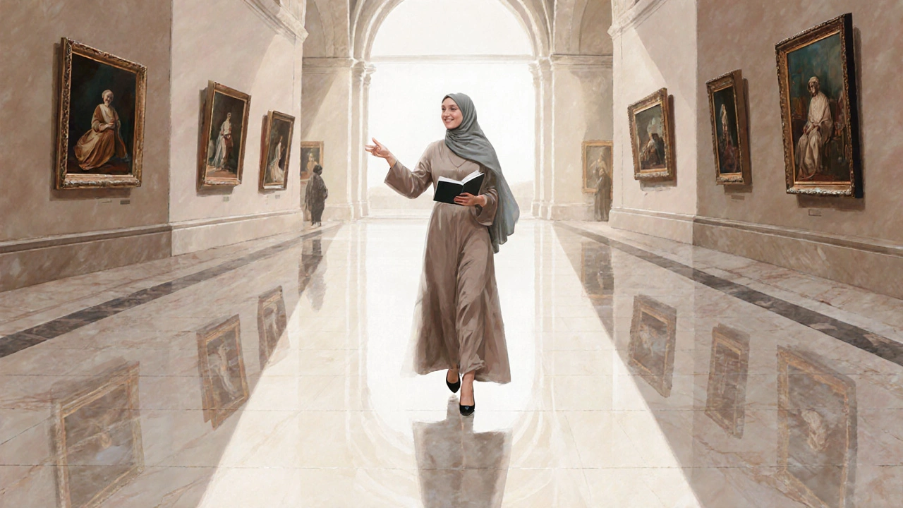 A woman walking through the Louvre Abu Dhabi, engaging with art in a quiet, respectful moment.