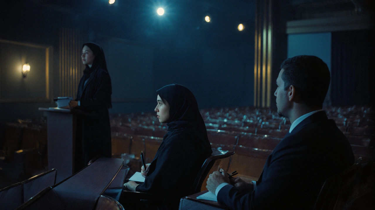 A young Emirati woman and a foreign man attending a university lecture, seated apart but both engaged in quiet focus.