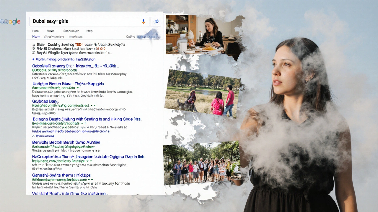 Digital search results for &#039;Dubai sexy girls&#039; transforming into real scenes of women in community activities.