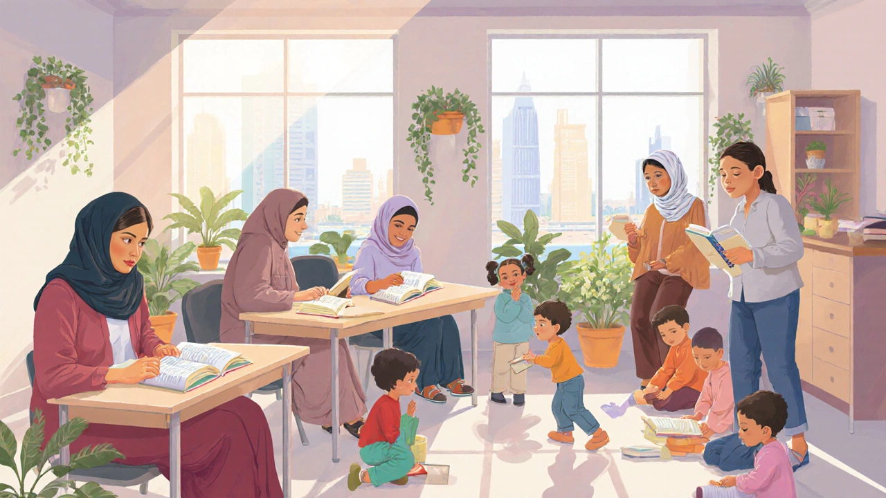 Diverse women attending a community English class in a bright, plant-filled center, smiling and reading together.