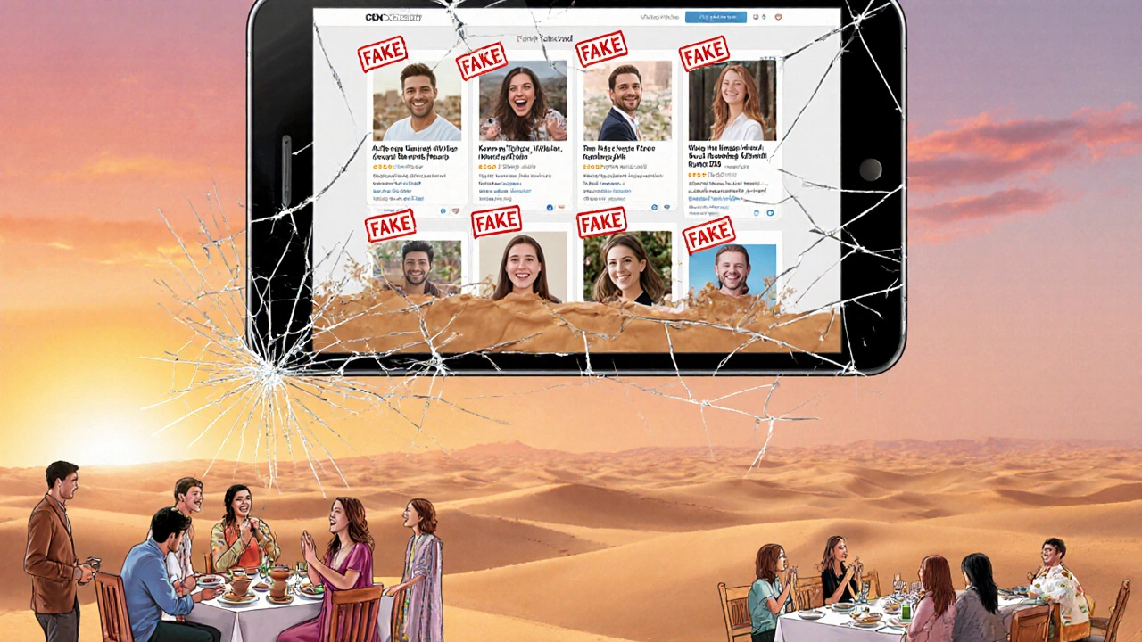 Fake escort ads dissolve into desert sand while cultural activities like museum visits and cooking classes emerge below.