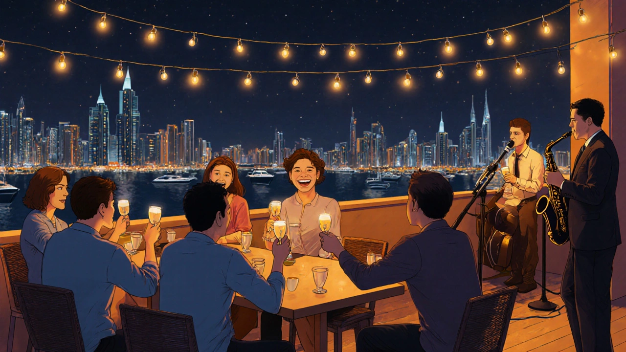 People enjoying rooftop cocktails in Dubai Marina with a glowing city skyline behind them.