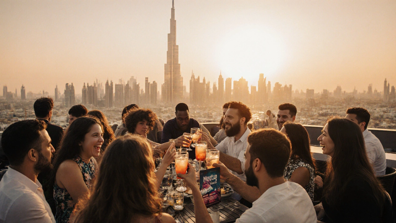 People socialize at a vibrant Dubai rooftop bar at sunset with the Burj Khalifa in the distance.