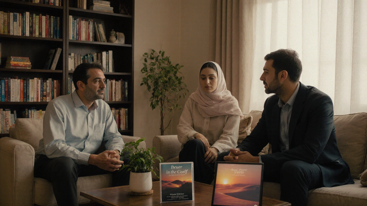 Three people share quiet conversation over tea in a cozy living room with books and a desert photo.