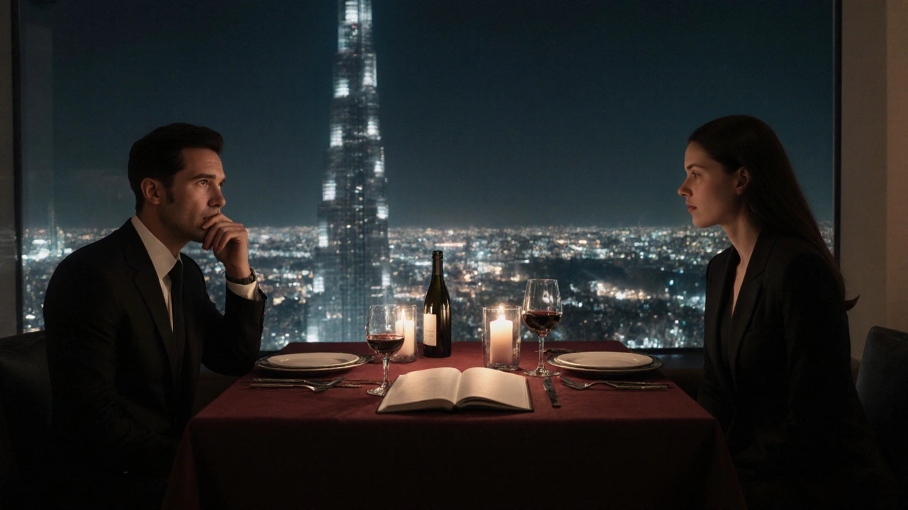 Two people having a quiet dinner at Armani Hotel Dubai, engaged in thoughtful conversation under candlelight.