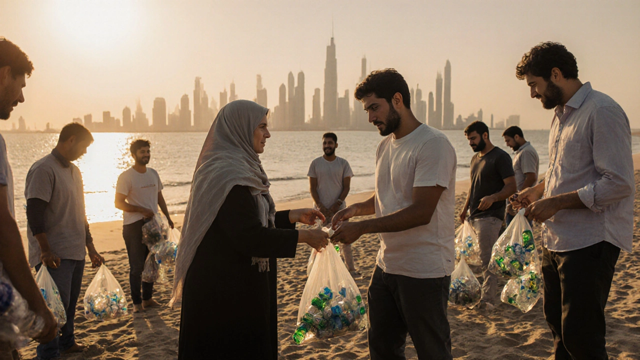 Volunteers cleaning a Dubai beach together at sunset, working side by side with mutual respect and no public affection.