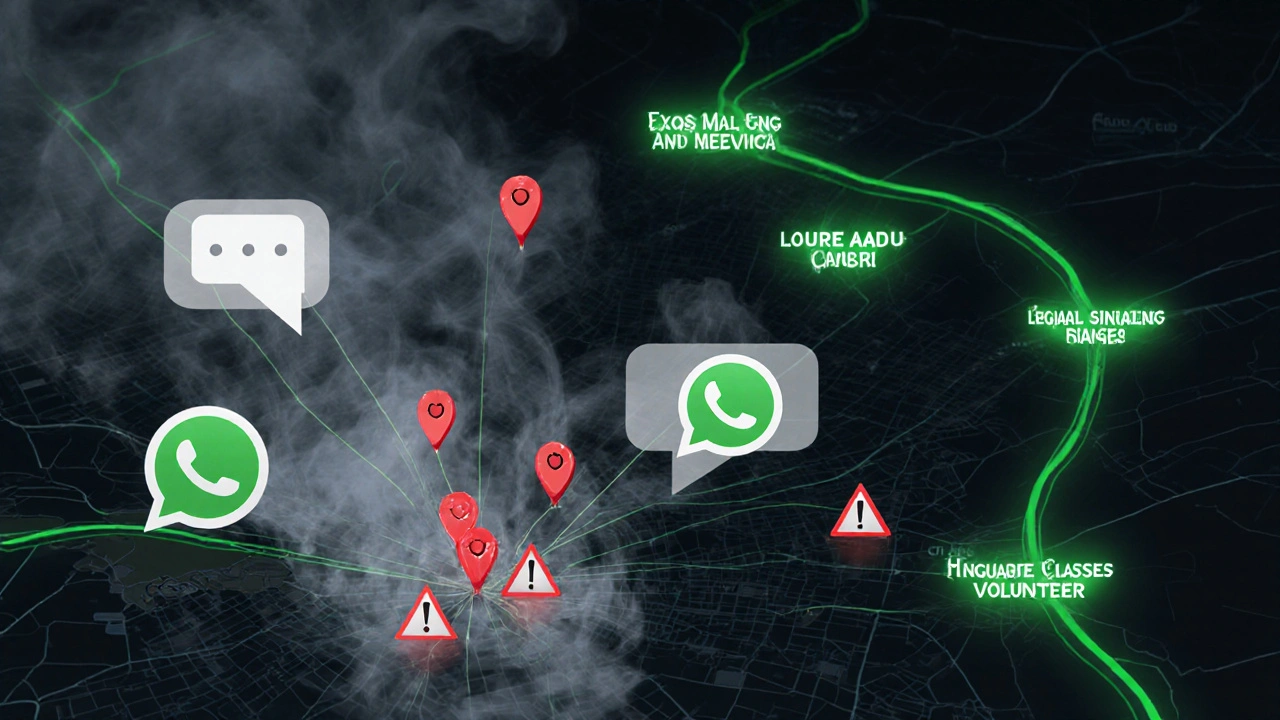 A conceptual map of Abu Dhabi showing risky digital connections fading away while legal social pathways glow softly in the background.