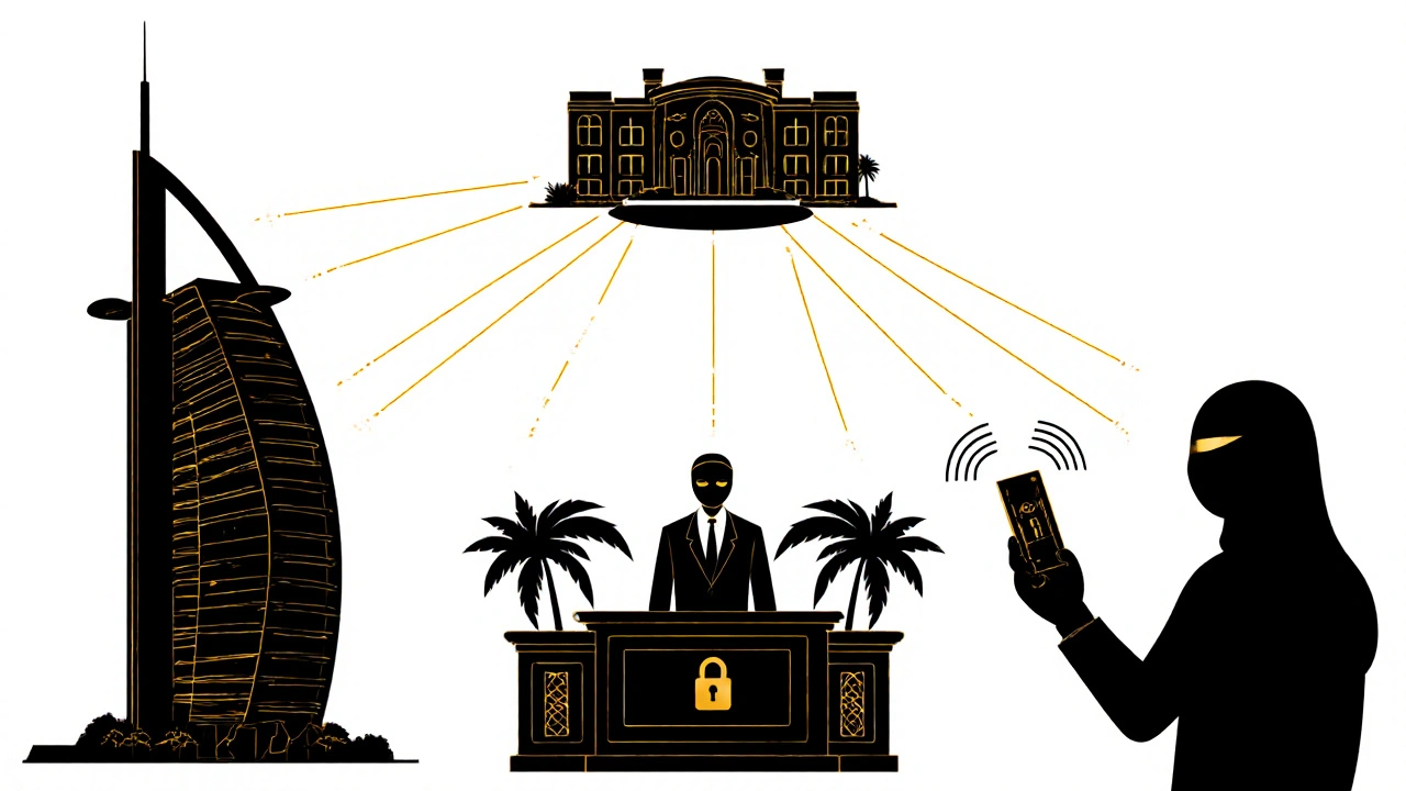 A conceptual network of light connecting luxury venues in Dubai, symbolizing discretion and elite referrals.