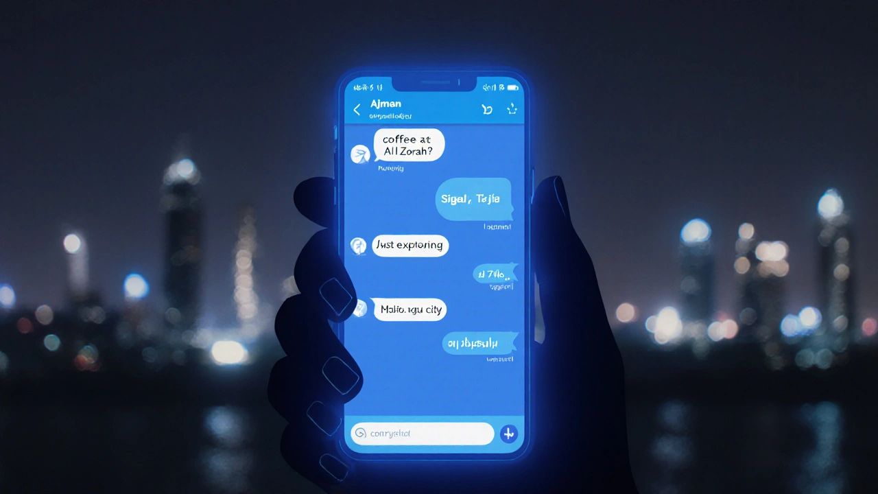 A dark smartphone screen displays coded messages in encrypted apps, hinting at secretive meetings in Ajman.