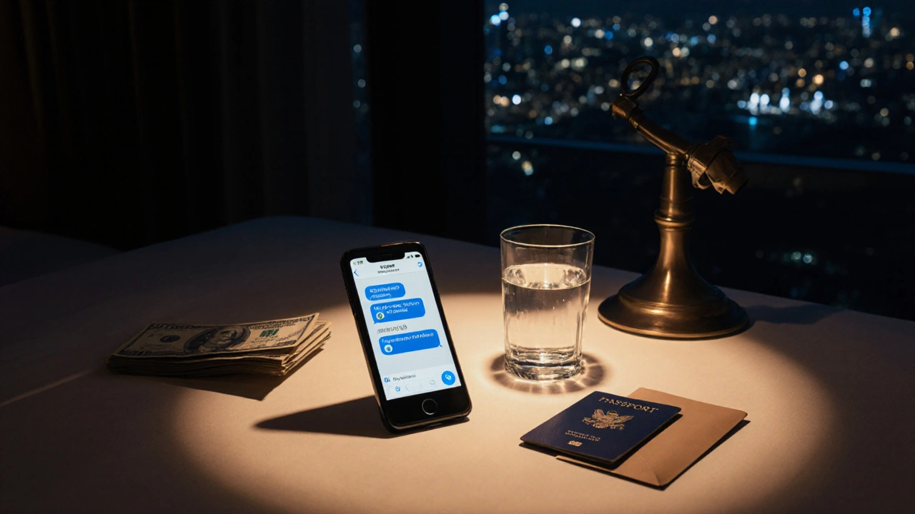 A discreet hotel room scene with a smartphone, passport, and cash envelope under soft lighting, no people present.