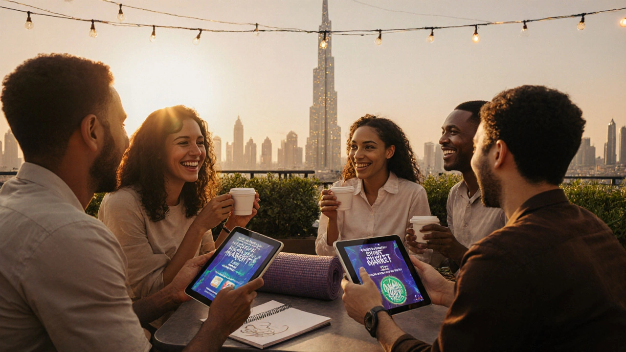 A diverse group enjoying a rooftop bar in Dubai, with cultural event flyers and the Burj Khalifa in the background.