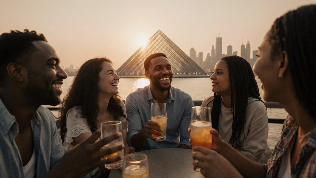 A diverse group of expats socializing at a rooftop bar in Dubai at sunset, enjoying the city view.