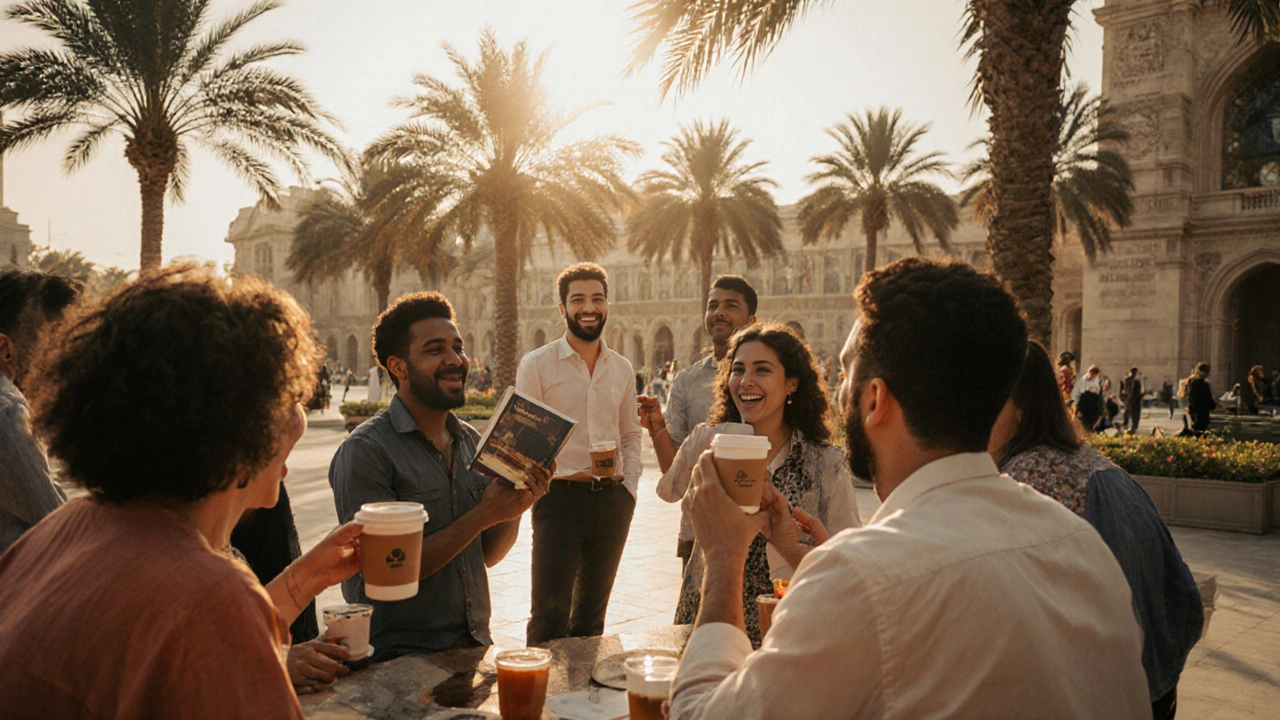 A diverse group of people laugh and chat at a cultural meetup in Louvre Abu Dhabi&#039;s courtyard during golden hour.
