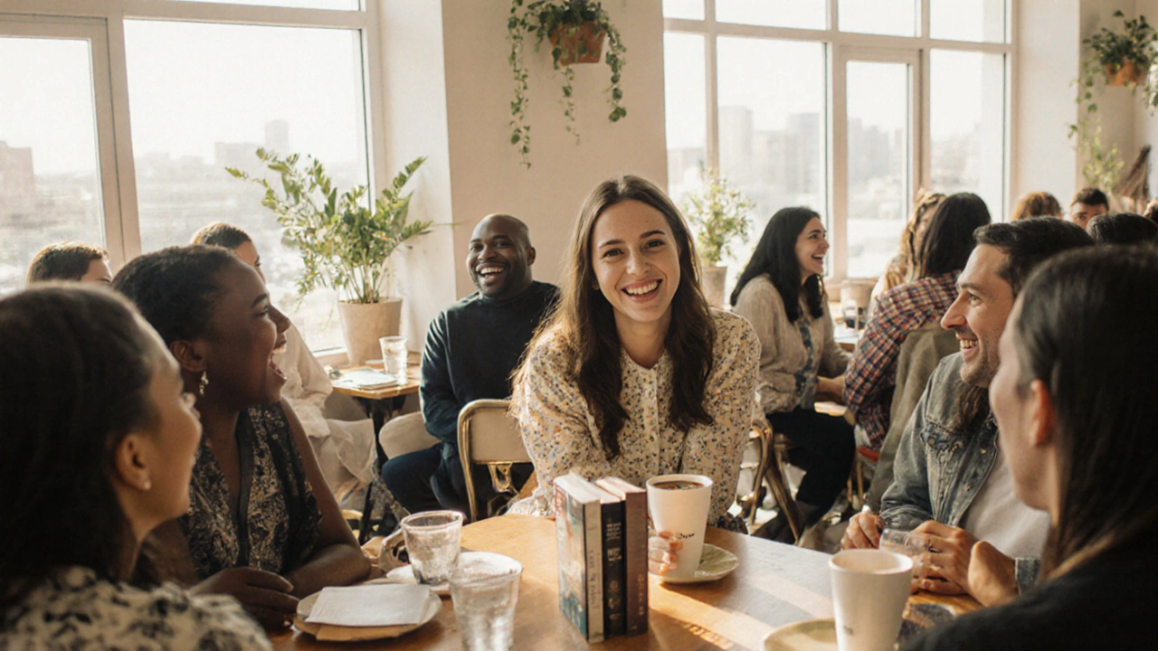 A diverse group of people laughing at a daytime expat meetup in Dubai, enjoying coffee and conversation.