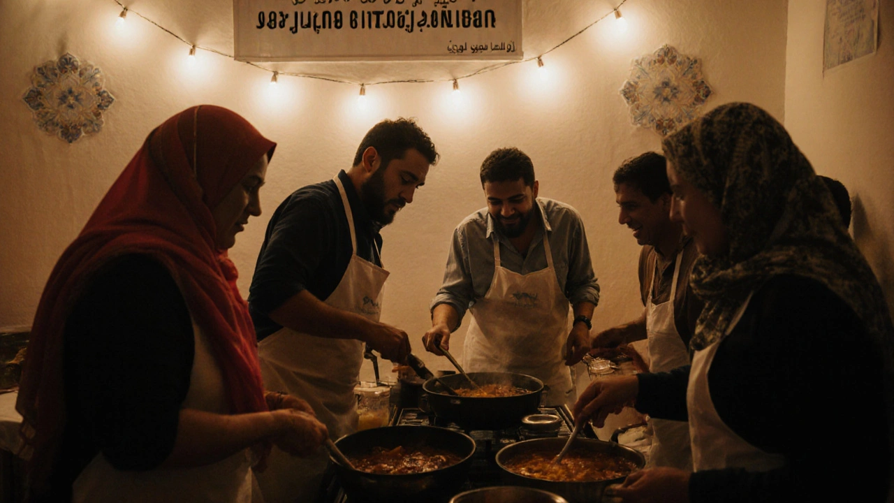 A diverse group participates in a community cooking class in Ajman, bonding over food and culture in a warm, welcoming space.
