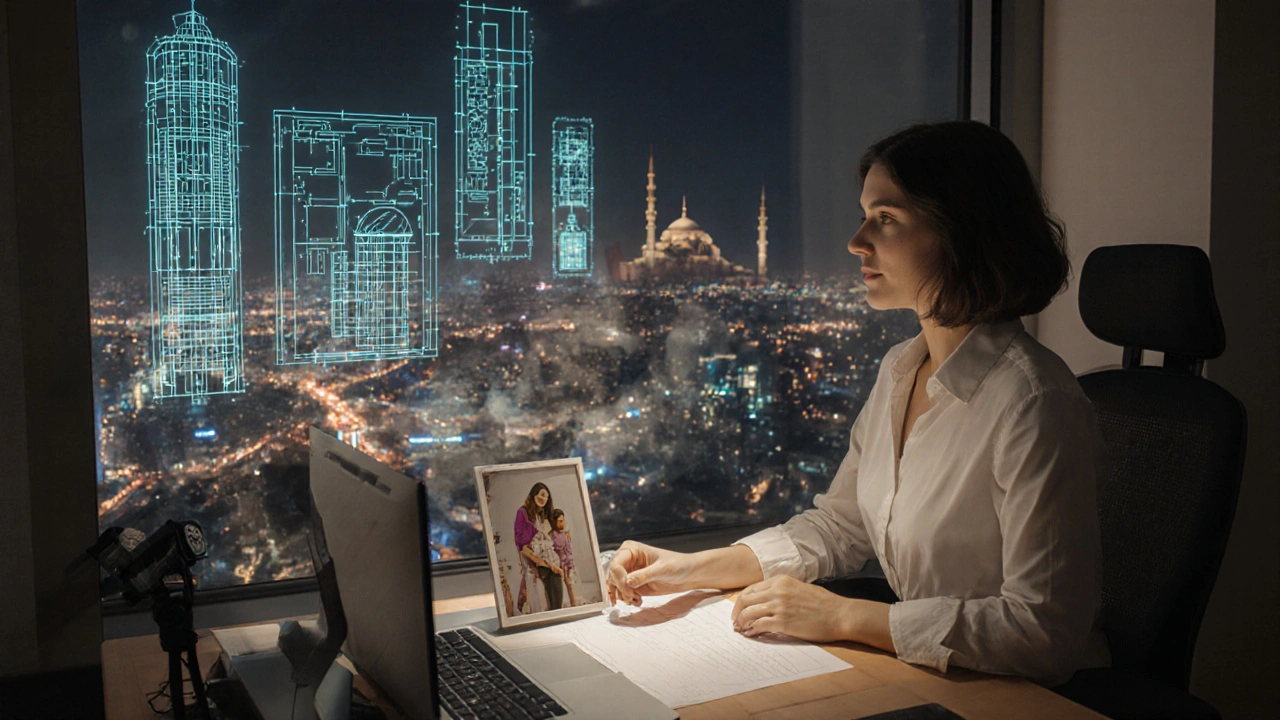 A female architect working late in a Dubai office, her reflection showing family photos, with sustainable building designs glowing around her.