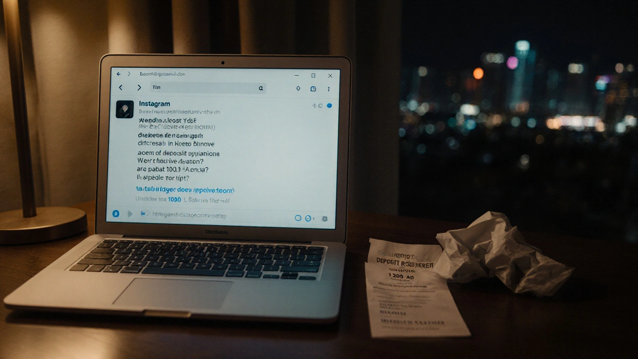 A laptop shows a deleted escort ad on a hotel desk, with a crumpled receipt nearby in soft neon light.