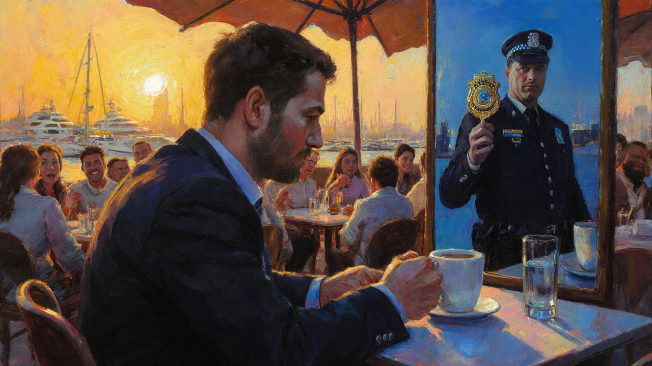 A lonely man sits at a bustling Dubai café, his reflection revealing a police badge.