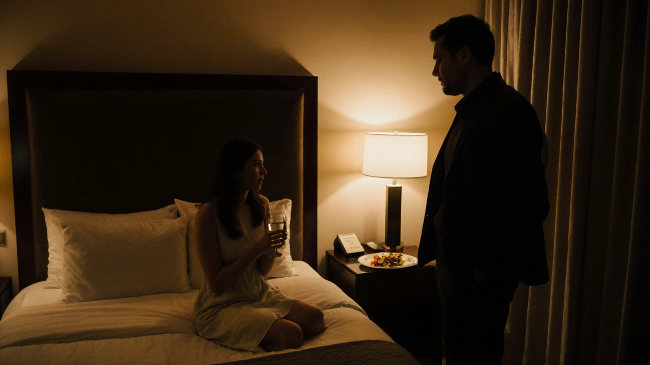A man and woman sit quietly in a hotel room, facing away from each other, with a meal on the table and soft lighting.