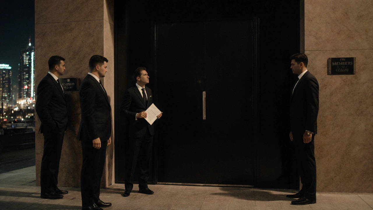 A man hesitating at the entrance of a secretive members-only Dubai club.