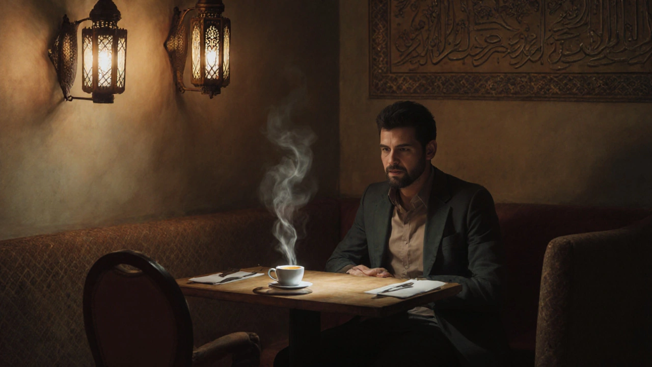A man sits alone in a restaurant in Ajman, coffee before him, empty chair across, warm lighting suggesting quiet longing.