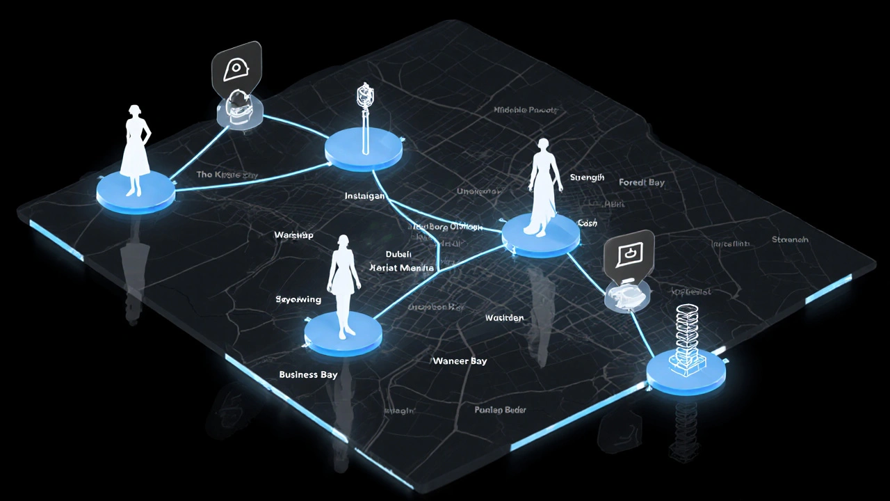 A minimalist map of Dubai with glowing paths and silhouettes of women, symbolizing discreet escort networks across the city.