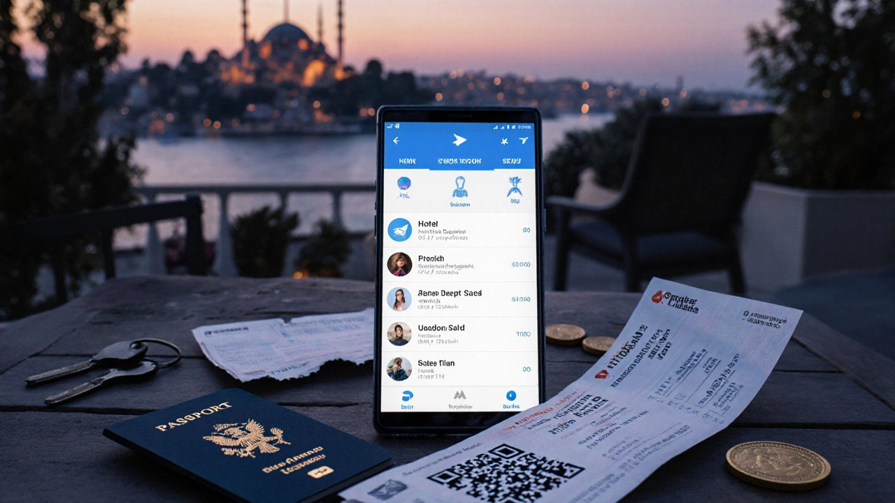 A phone showing a hidden Telegram chat with a passport, keycard, crypto QR code, and boarding pass scattered around.