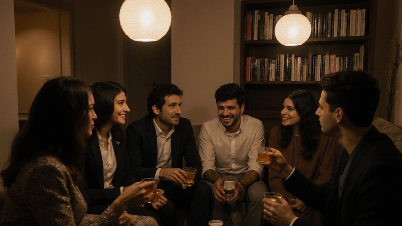 A quiet group of diverse expats sharing tea in a cozy apartment, surrounded by books on culture and identity.