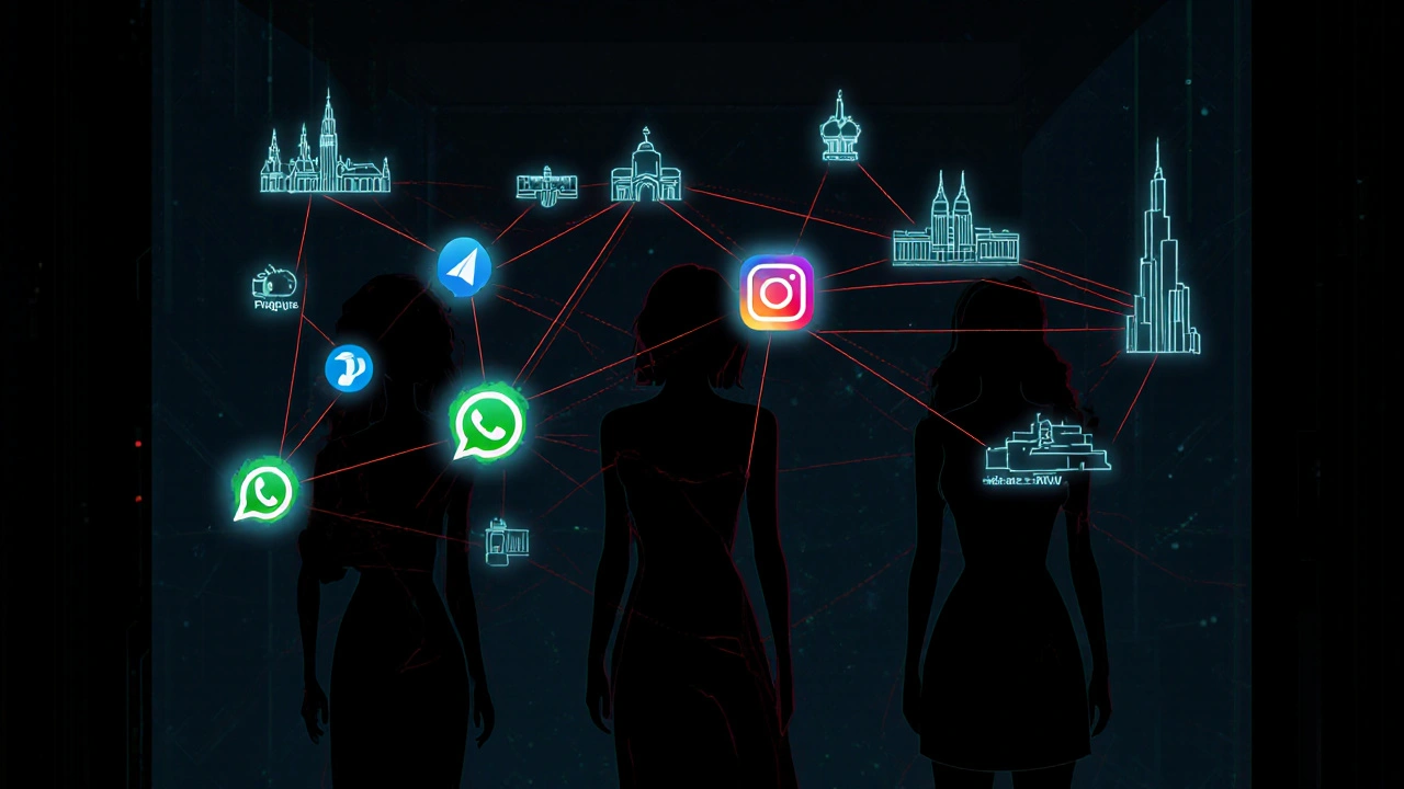 A shadowy digital network of encrypted apps connecting European cities to Dubai, no faces visible.