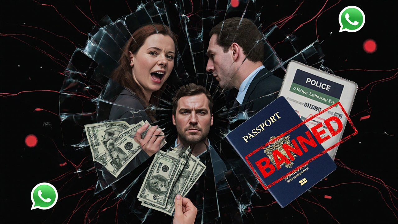 A shattered mirror reflects distorted faces of a victim, client, police, and banned passport amid digital wires.