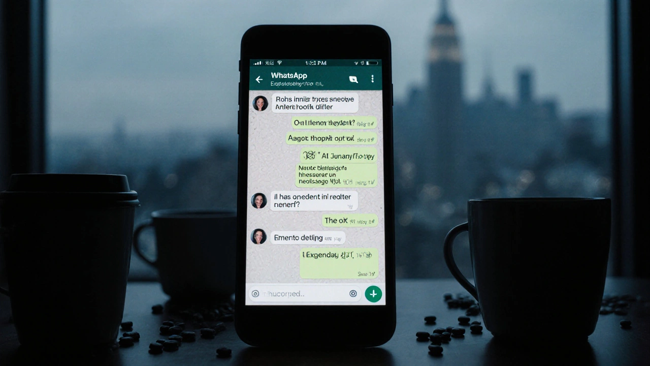 A smartphone displays encrypted messages about meeting up, lit by dim hotel room light.