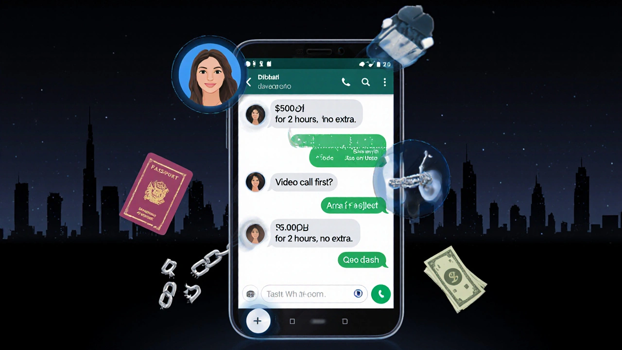 A smartphone screen displays a WhatsApp message offering companionship for 1500 AED, surrounded by symbolic icons.