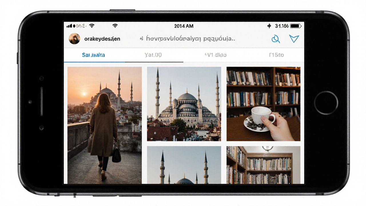 A smartphone screen showing an Instagram feed with authentic photos of a woman in Istanbul's public spaces.